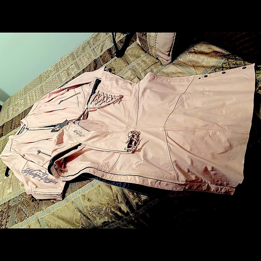 Harley Davidson pink jacket and chaps.